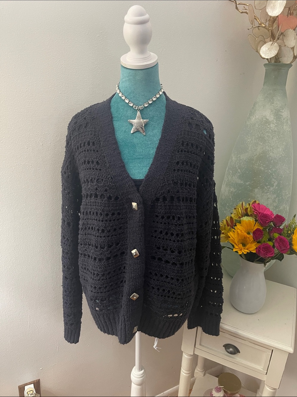 Universal Thread Navy Crochet Button-Up Sweater